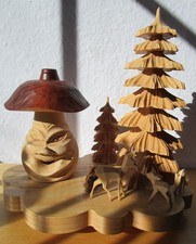 Schnitzerei Holz , ca. B26cm-H25cm-T20cm Rehe, Tanne, Rauchpilz, Erzgebirge