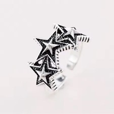 Ring Silber 925 Chrom Dreifach Stern Mode Herzen Goth verstellbar