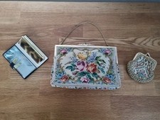 Echte Petit Point Gobelin Abendtasche Bügel echt vergoldet + Portemonnaie 