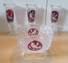 Hofbauer Bleikristall 3 Blumenvasen und 1 Schale - dekorativ roter Vogel