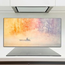 Aquarell Fischer Boot Angel Landschaft Küchenrückwand Spritzschutz Glas 120x60