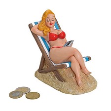 Spardose Frau auf Strand Liege Stuhl Bikini Tanga rot blau weiss gelb Deko NEU
