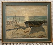 Altes maritimes Ölgemälde Boote, Meer,Strand, Fischernetz, Signiert R. Hecht 54‘