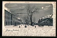Winter-Lithographie Ansbach, Promenade mit Pferdeschlitten bei Mondschein 1901 