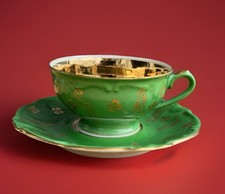 1950 60er Mokka Tasse Unterteller Oscar Schaller Bavaria grün gold Sammeltasse