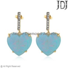 Solid 14 K Gelbgold Opal Edelstein Herz Baumeln Ohrringe Echtem Diamant Schmuck