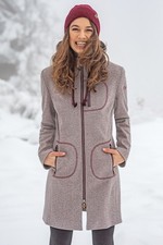 Piz Palü Mantel Damen Abtswind greige/beere Strickfleece Kapuze Fischgrat Jacke