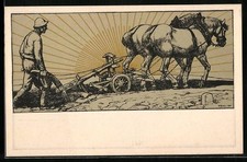 Künstler-AK Bauer bewirtschaftet sein Feld mit einem Pflug mit Pferde-Gespann 