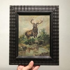 Kleines Gemälde Hirsch Malerei antik vintage ca. 1900-1930 alt Bild Ölbild