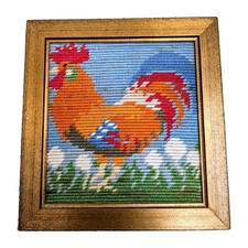 Stickbild Stickerei Bauernhof Tier Hahn  mit Bilder Rahmen Handmade Vintage