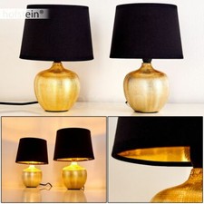Stoff Nacht Tisch Lese Lampen Keramik gold Schlaf Wohn Zimmer Leuchten 2er Set 