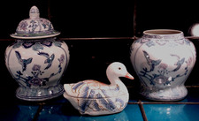 Deckel dose Ente+Amphore+ Vase ANTIK Vögel China/Japan hellblau/rosa/grün