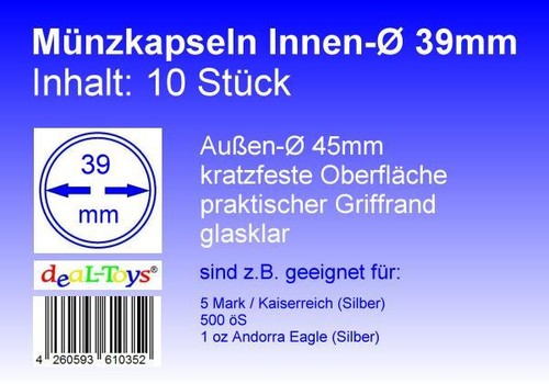Münzkapseln 39mm geeignet - 10, 39mm,