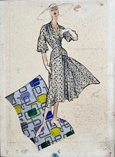 Original Aquarell Entwurf Studie Mode Haute Couture Mode Mid Century 50er