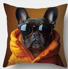 Herbst Mütze Pullover 45 cm Kissen Deko Hund Mops Bulldogge schwarz Jacke