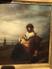 Gemälde wohl flämisch - belgisch dat. 1844 Rastende Mutter monogr. ESB oder EFB