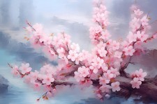 Wandbild: Wunderschöne Kirschblüte auf blauem Hintergrund. Digitale [...]