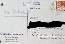 BREMEN-VEGESACK: Postkarte, postgelaufen u. gestempelt 13.9.1948