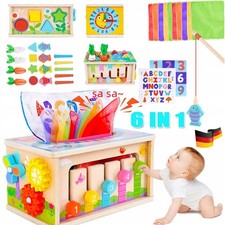 Montessori Spielzeug 6-in-1 Tücherbox mit Knistertuch 6-12 Monate, Holzspielzeug