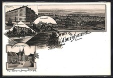 Lithographie Hildburghausen, Technikum, Gymnasium, Irrenanstalt 