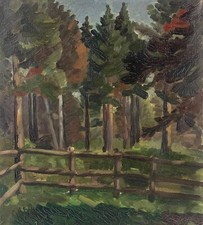 Ölbild Holzzaun am Waldrand mit Fichten Tannen signiert 1936 Vintage Antik
