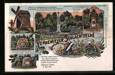 Künstler-AK Dennewitz, Gruss vom Schlachtfeld, Mühle und Denkmal 