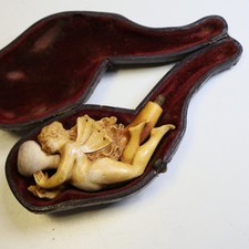 Historische Erotika Elfenfiguren Meerschaum Bernsteinpfeife, 19 Jhd., 9 cm   D36