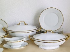 Antik EDEL Art Déco Zeh Scherzer Porzellan Tafelservice 8 Pers. weiß gold kantig