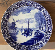 Boch Delfts Wand-/Keramikteller/ Motiv Windmühle und Schiff - Blau/Weiß - 29 cm 