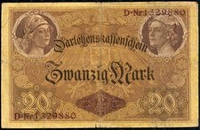 Banknote 1914 Berlin Jugendstil 20 Mark ECHT German Paper Money Art Noueau No108