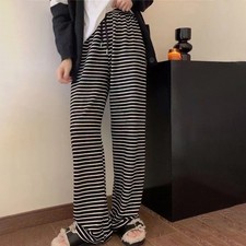 Schwarz wei? gestreifte Hose weites Bein f��r Frauen lockere Passform Urlaub Kl