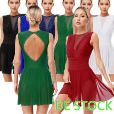 DE-Damen Glitzer Tanzkleid Eiskunstlauf Kleider Ärmellose Ballet Trikot Strass