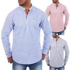 Carisma Herren Baumwoll Leinen Mix Stehkragen Tunika Hemd gestreift langarm 8454