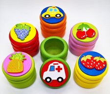 Milchzahndose aus Holz Motive Obst / Früchte und Autos Erdbeere Feuerwehr Taxi