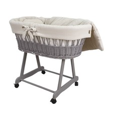 Stubenwagen Moseskorb AMELIA Grau aus Weide mit Musselin Bettwäsche Beige