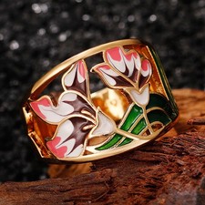 Enamel Ring Damen vergoldet Gr. 55-63 Bandring Emaille buntes Blumen Muster Neu
