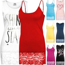 Damen Longtop Spaghetti-Top Spitzensaum Sommer Shirt Rundhalsausschnitt ÖkoTex