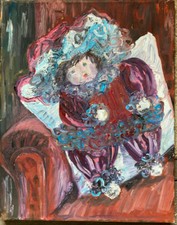 ::EXPRESSIONIST °PUPPE AUF EINEM SESSEL °ÖLGEMÄLDE ANTIK °SPIELZEUG KINDERSTUBE 