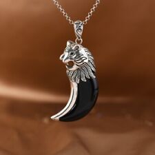 I05 Anhänger Tigerkopf mit Zahn aus schwarzem Achat Sterling Silber 925