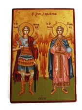 Griechisch-Orthodoxe Holzikone Heiliger Erzengel Michael und Gabriel 19x13