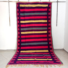 Vintage Handgeknüpfter Marokkanischer Teppich Rosa Gelb Grün Bänder Berber...