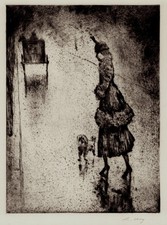 Lesser Ury - Dame mit Pudel auf regennasser Straße - Radierung 1921, signiert