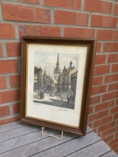 Farbradierung Marienplatz München Altes Rathaus Mariensäule Prof. O.F. Probst