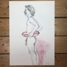 Aktzeichnung Bleistift & Kreide "Mann mit Schwimmring" signiert H. Strauß DinA2