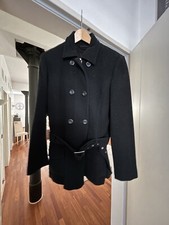  WOLL JACKE KURZ MANTEL ZWEIREIHIG BLAZER TRENCH MIT GÜRTEL Gr. 36 Wolle/Viskose