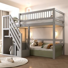 Hochbett 90x200 aus massiv kiefer Kinderbett Stockbett mit Treppe & Ablage, Grau