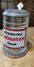 Bierkrug mit Zinndeckel Spruch