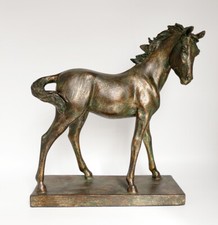 Schreibtisch Statue auf Sockel PFERD FIGUR ANTIK BRONZE PATINIERT Retro NEU