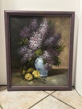 Ölbild Flieder in Vase mit angefertigte Rahmen TOP Wohn Esszimmer Hand gemalt