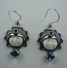 Sterling Silber Ohrhänger  Balinesische Gottheit  Edelsteine  Knochen Carving